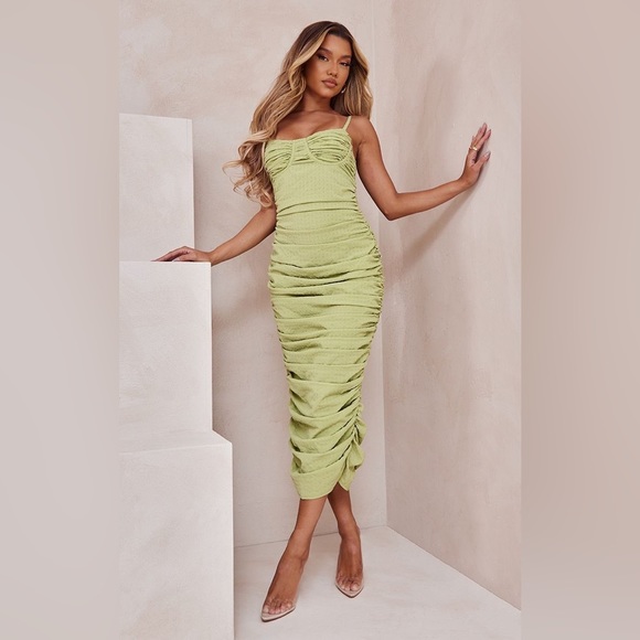 Pretty Little Thing Green Textured Underbust Detail Ruched Strappy Maxi Dress 4 - Picture 1 of 9